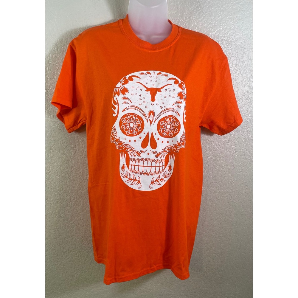 Gildan Unisex Medium T Shirt Orange Sugar Skull Texas Longhorns Graphic Tee